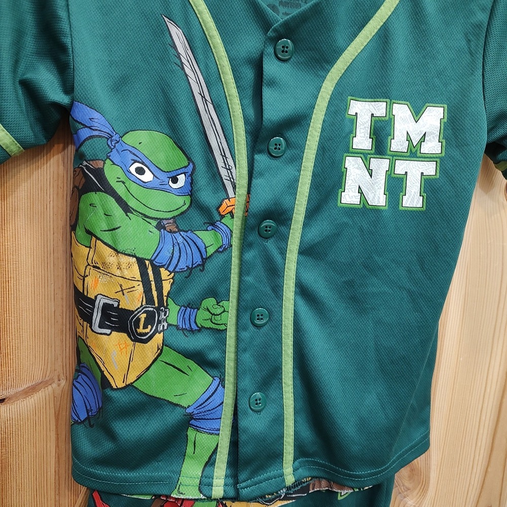 Teenage Mutant Ninja Turtles Green Boys Baseball Jersey Shirt Shorts Sz 6/7 TNT - Picture 2 of 9